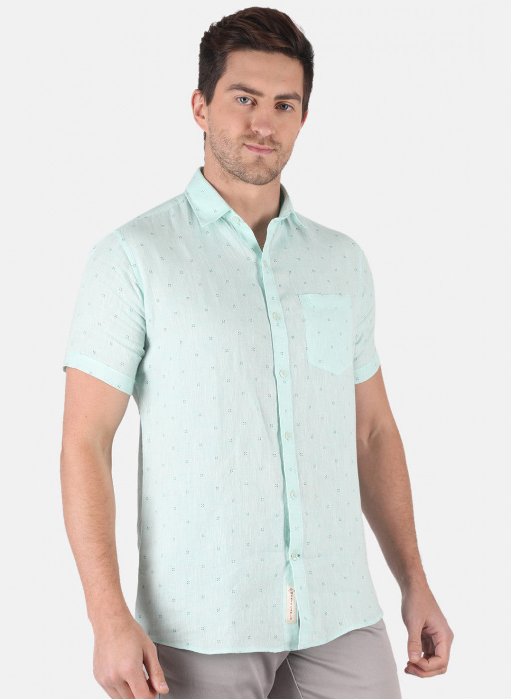 Men Aqua Blue Printed Linen Shirt