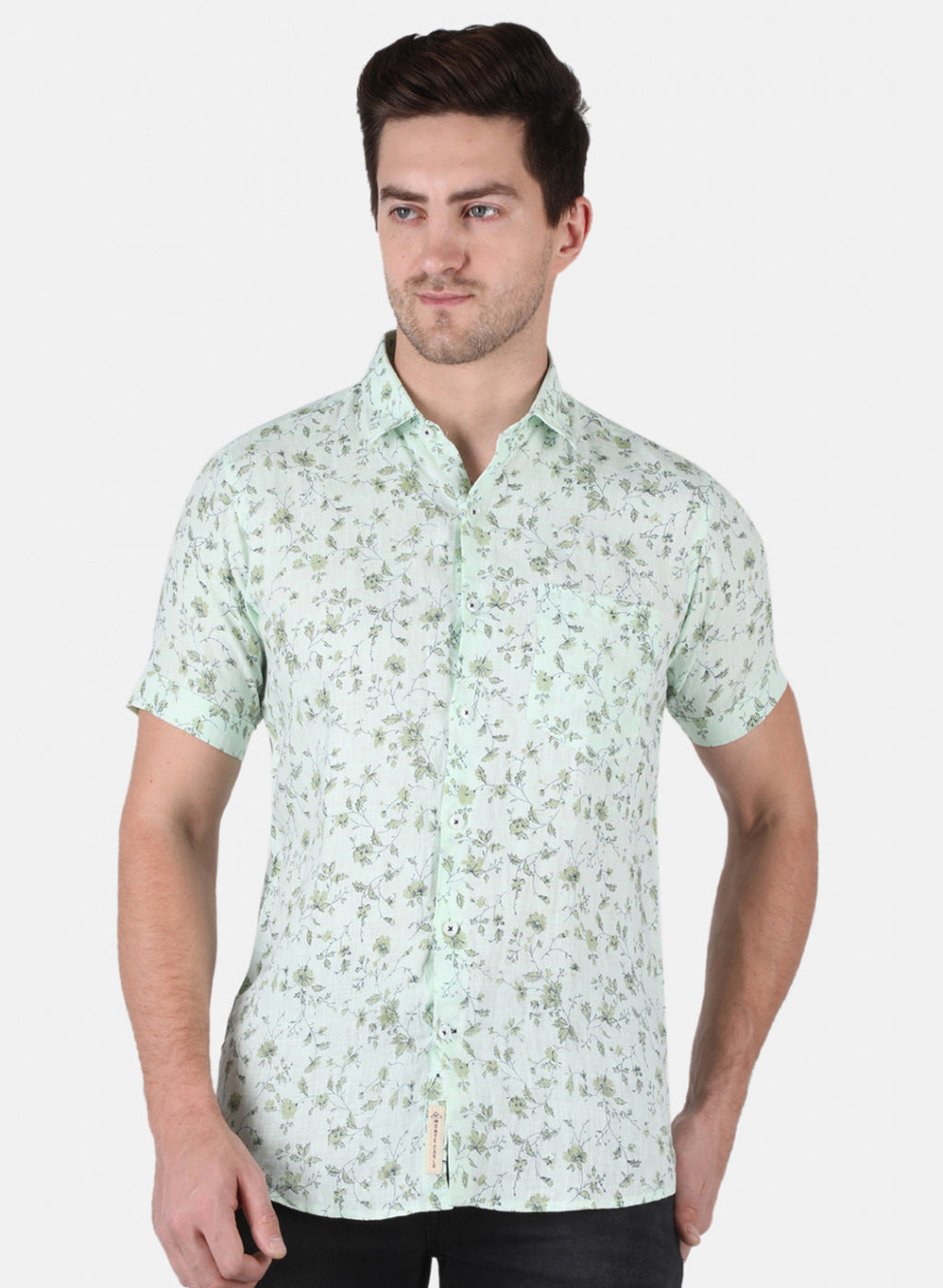 Men Green Printed Linen Shirt