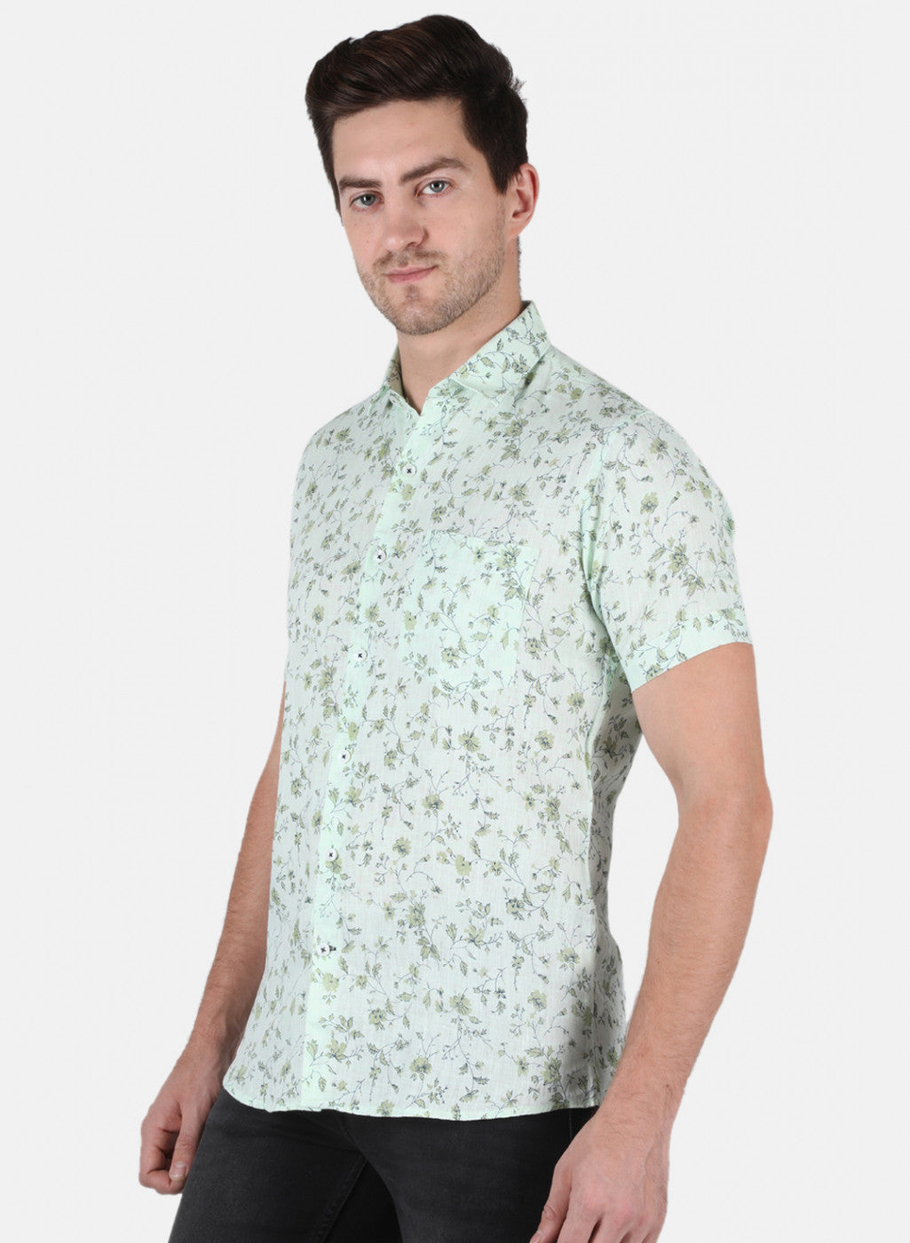 Men Green Printed Linen Shirt
