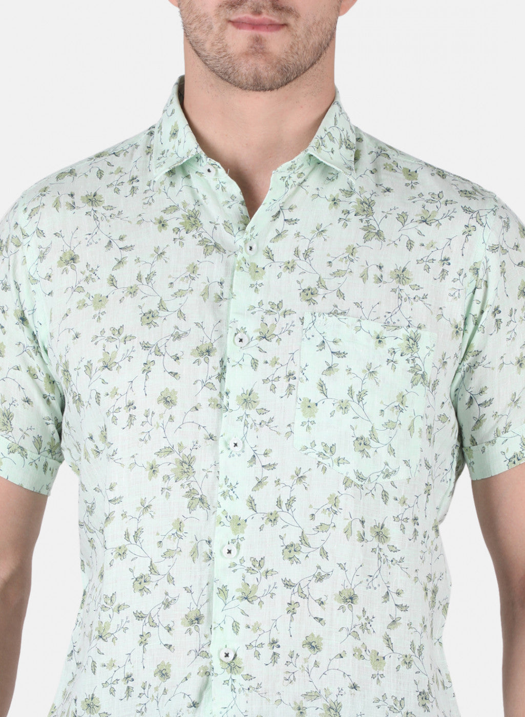 Men Green Printed Linen Shirt