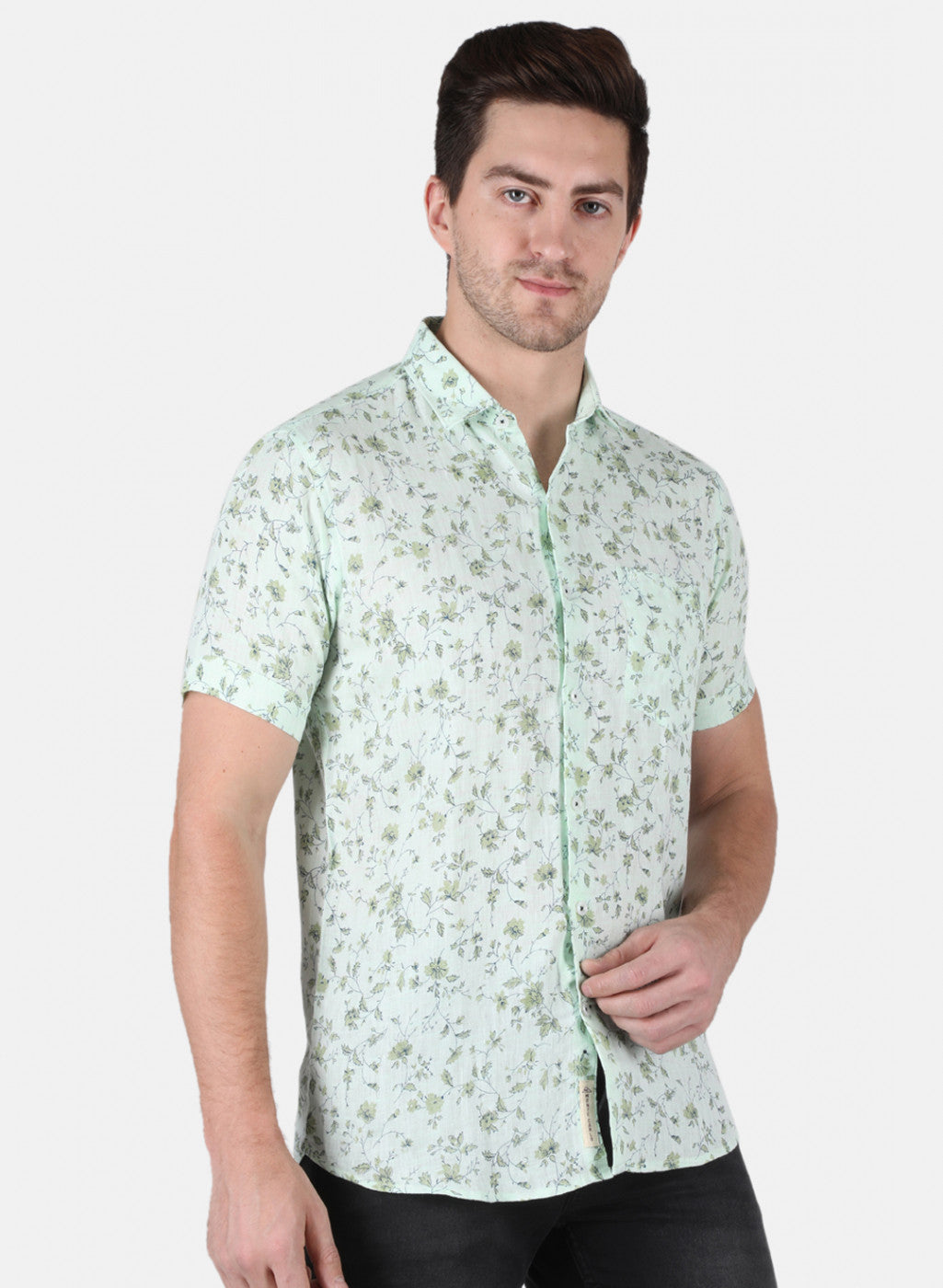Men Green Printed Linen Shirt