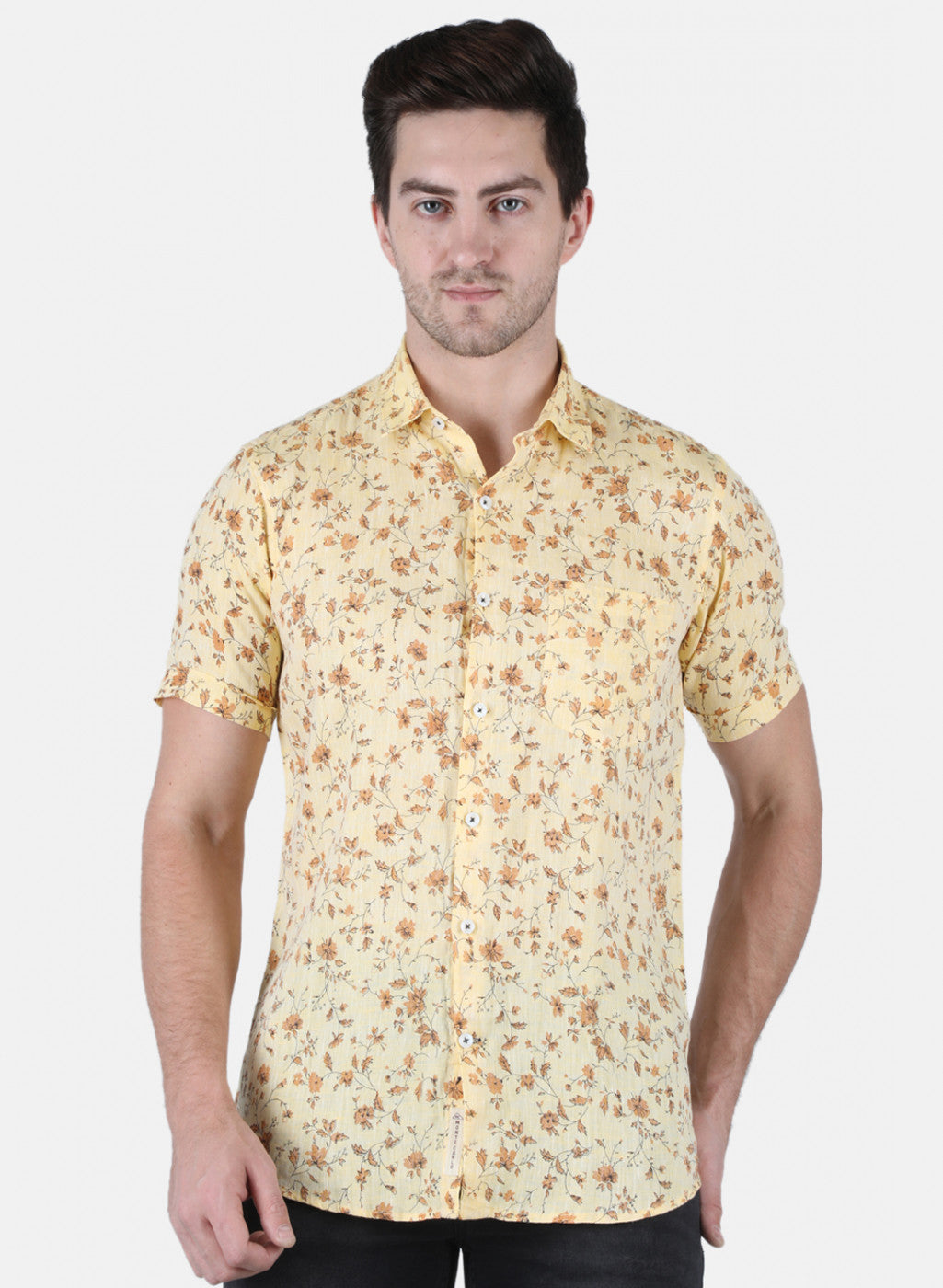 Men Yellow Printed Linen Shirt