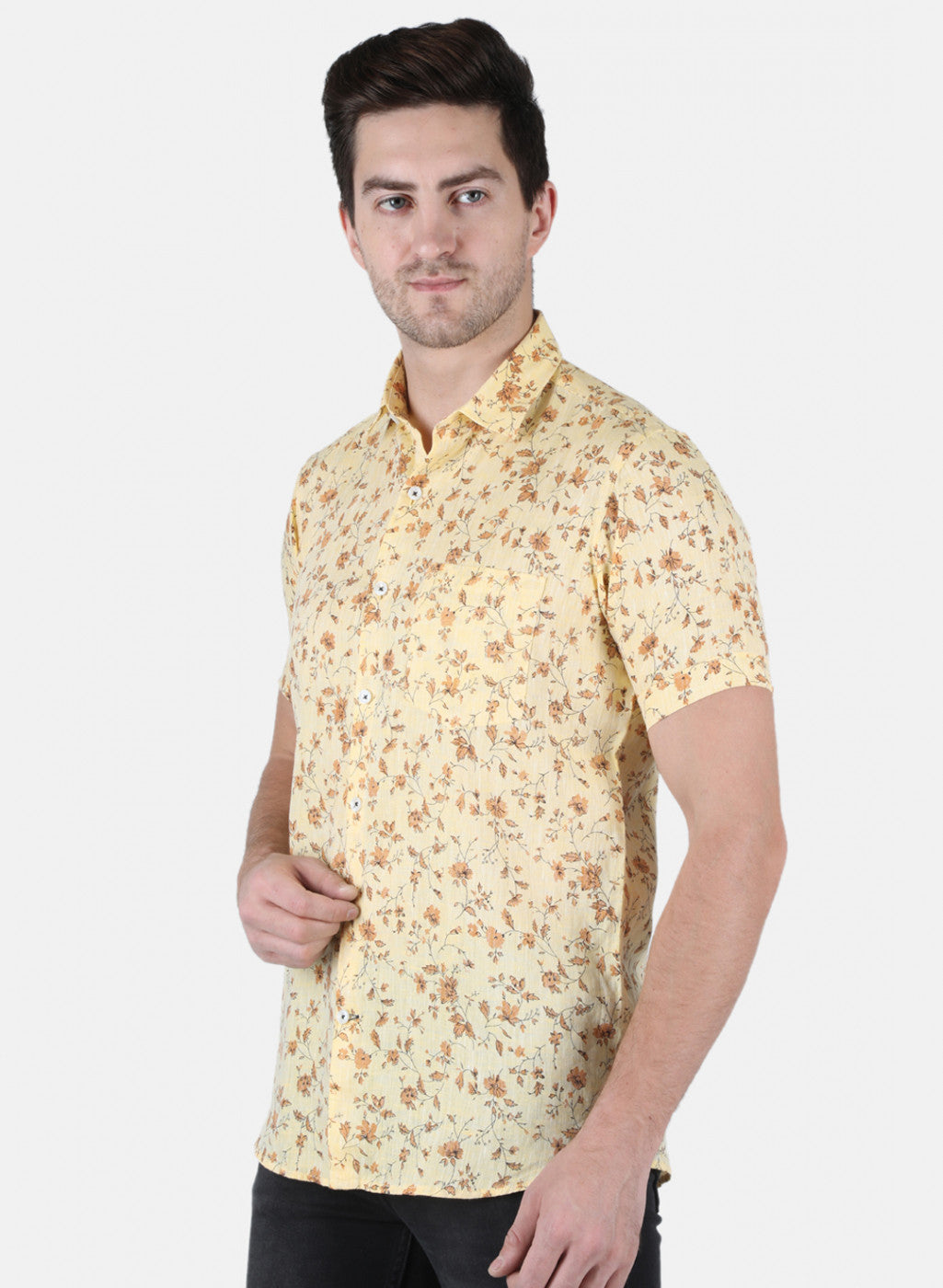 Men Yellow Printed Linen Shirt