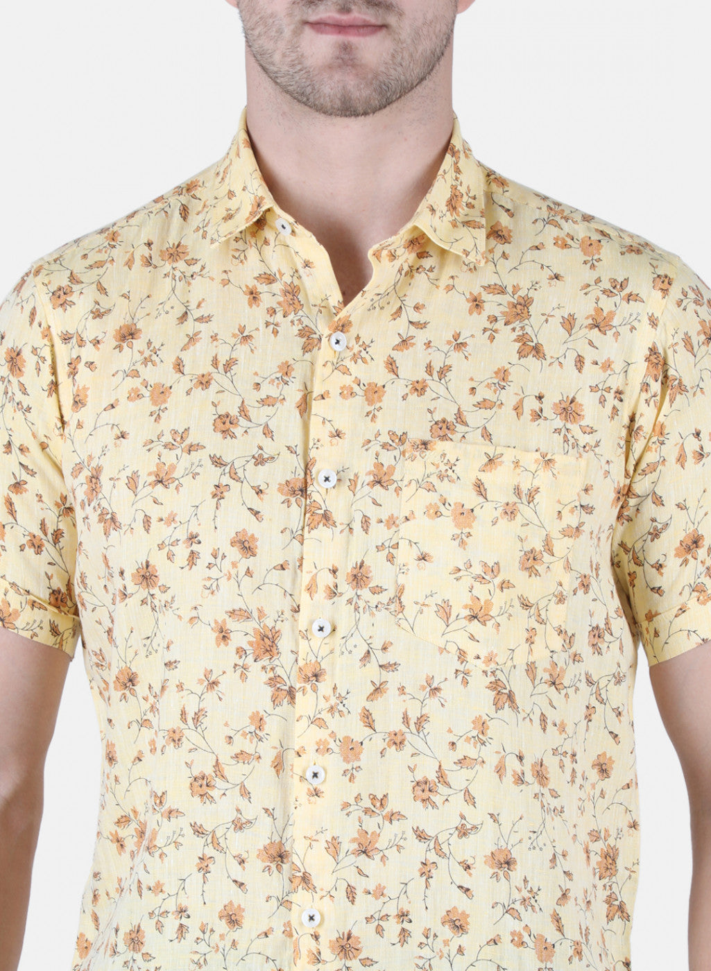 Men Yellow Printed Linen Shirt