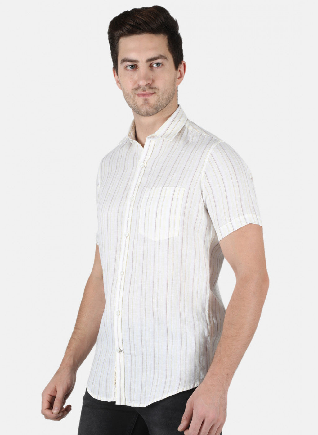 Men Yellow Stripe Linen Shirt