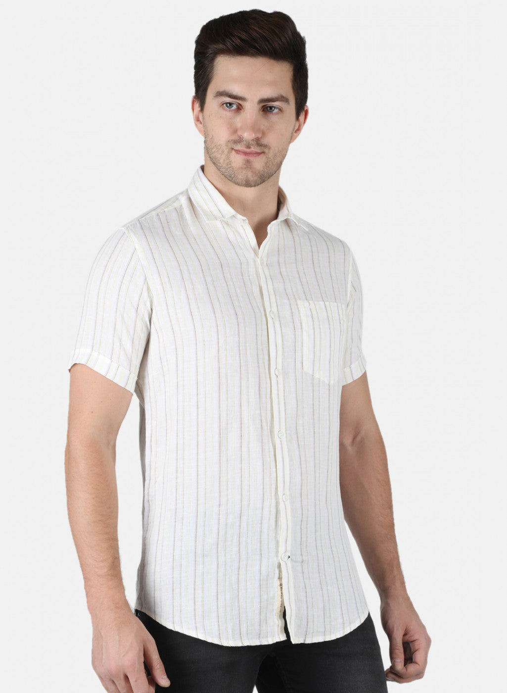 Men Yellow Stripe Linen Shirt