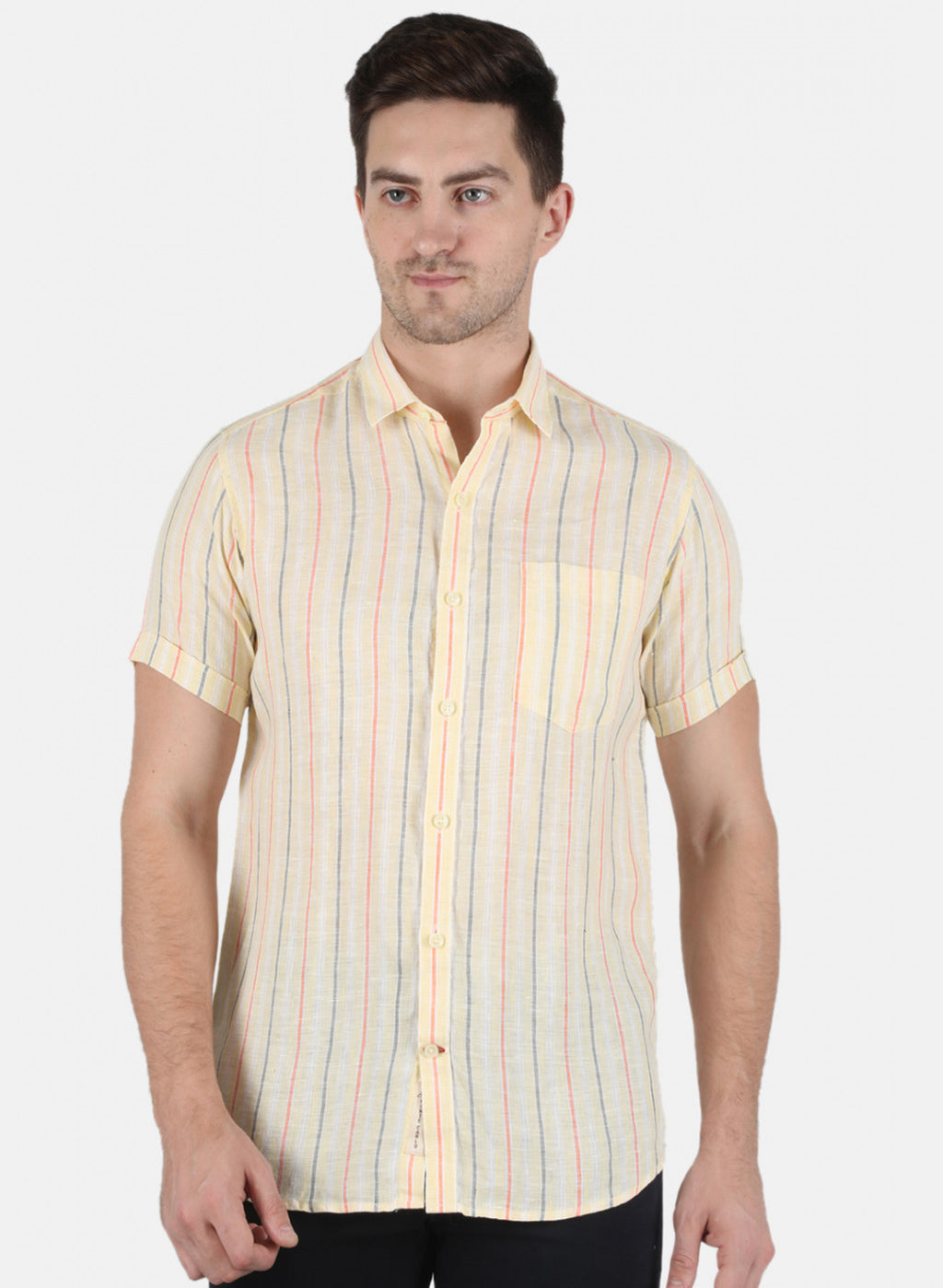 Men Yellow Stripe Linen Shirt