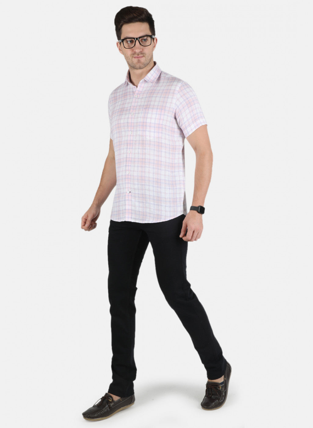 Men Purple Check Linen Shirt