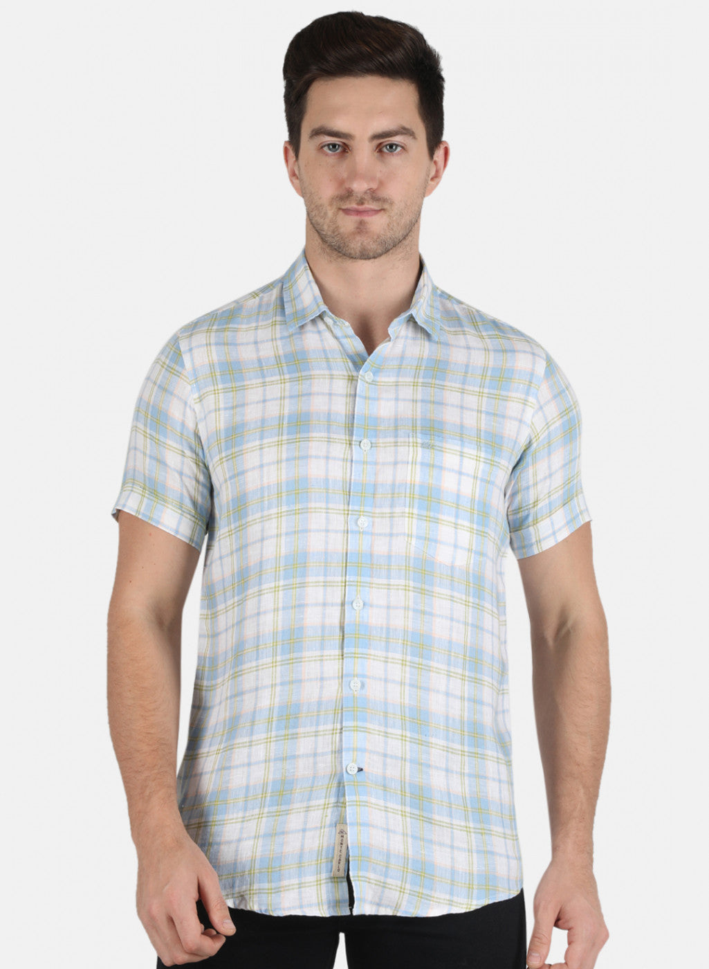 Men Blue Check Linen Shirt