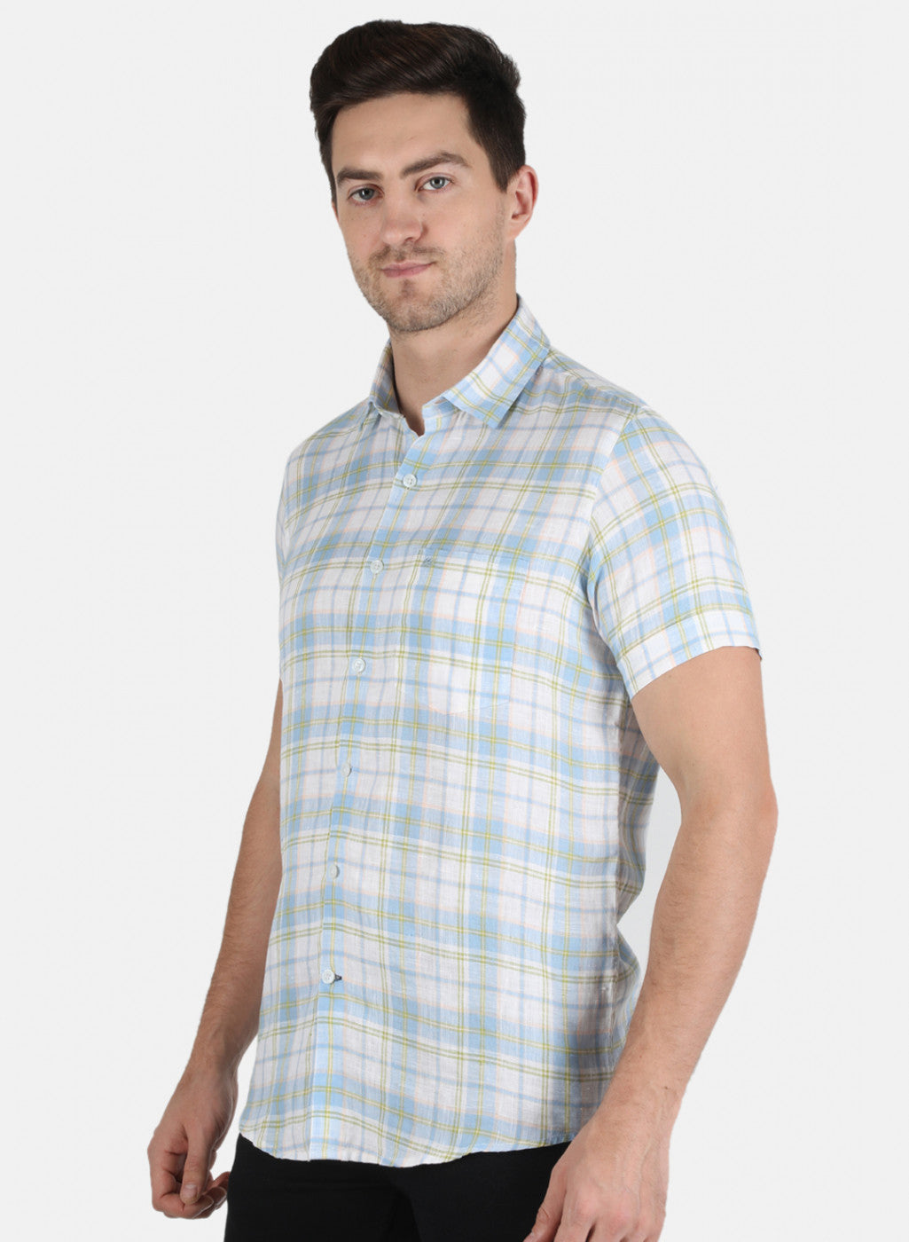 Men Blue Check Linen Shirt