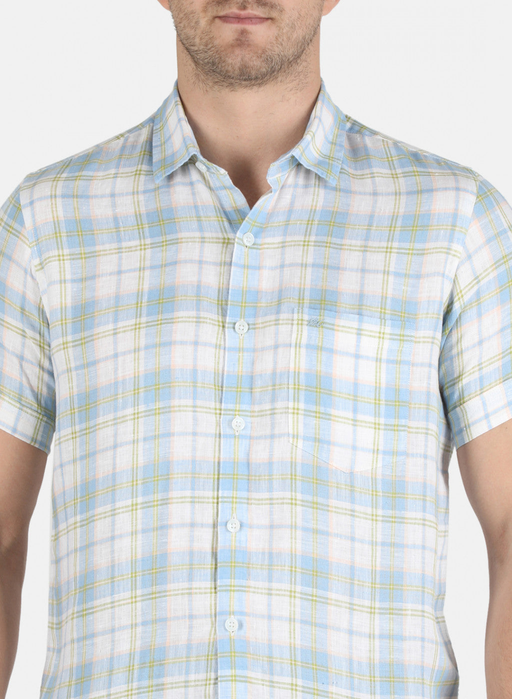 Men Blue Check Linen Shirt