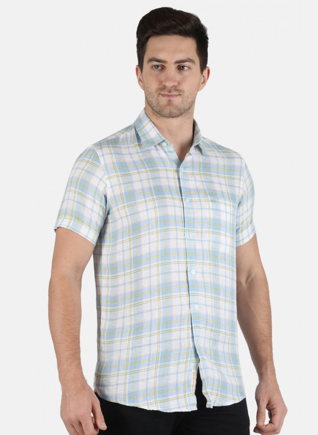 Men Blue Check Linen Shirt