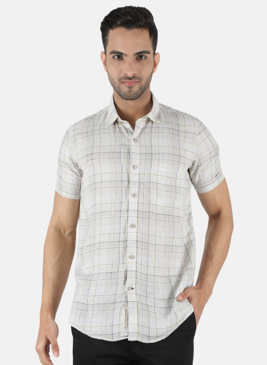 Men Beige Check Linen Shirt