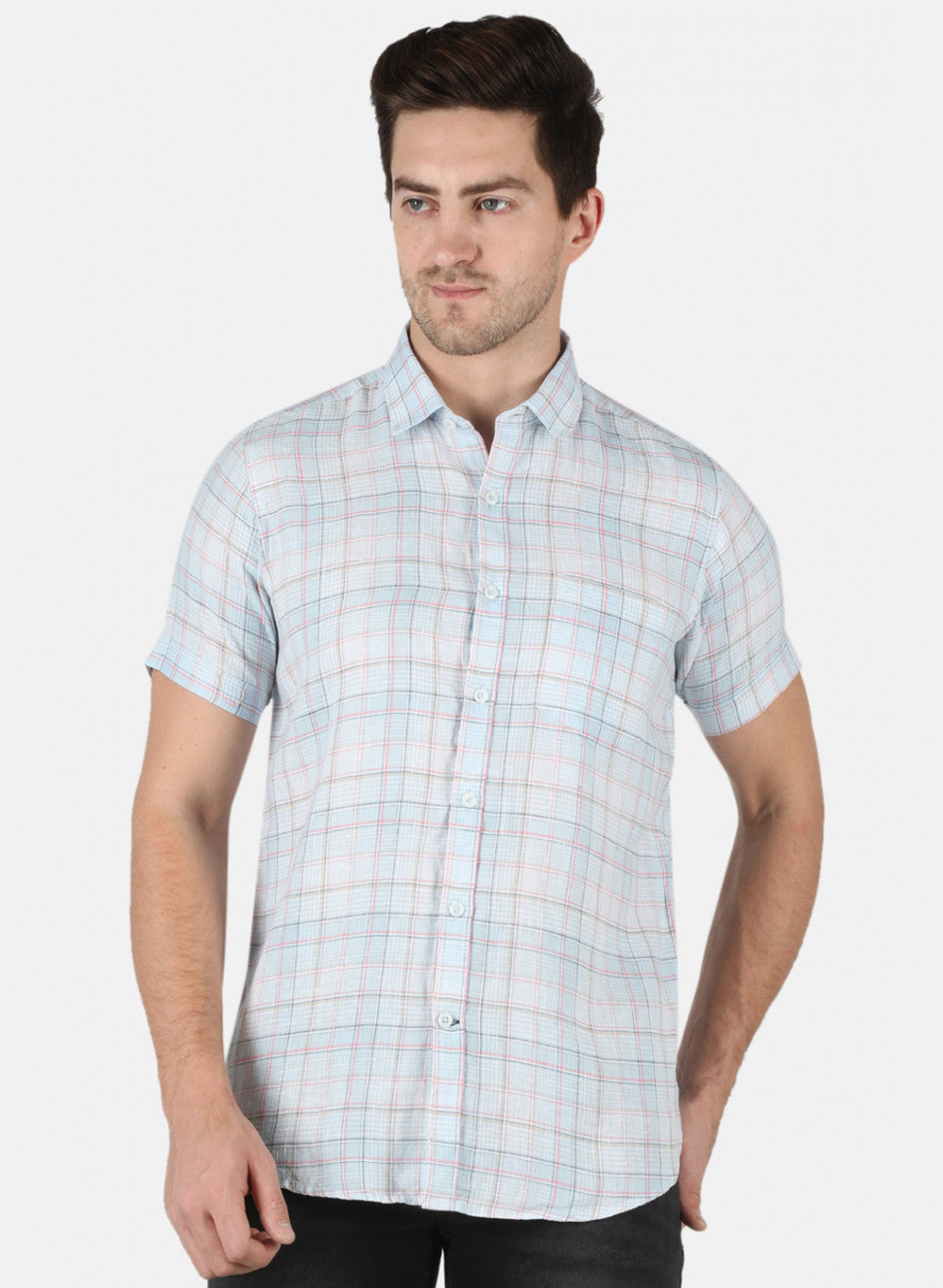 Men Blue Check Linen Shirt