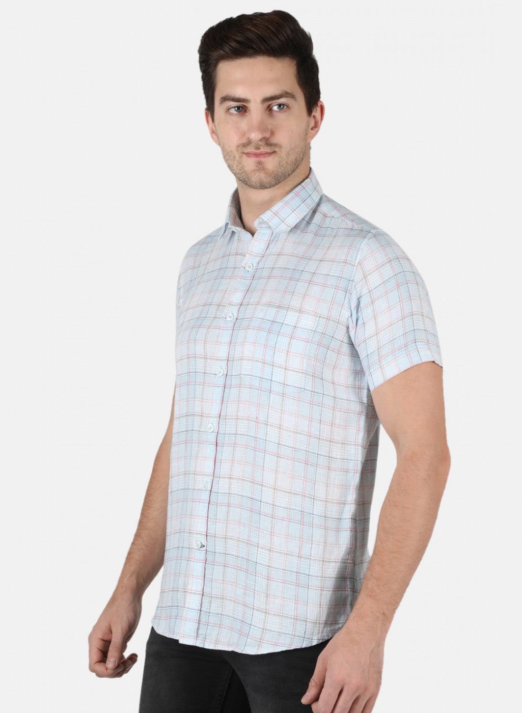 Men Blue Check Linen Shirt