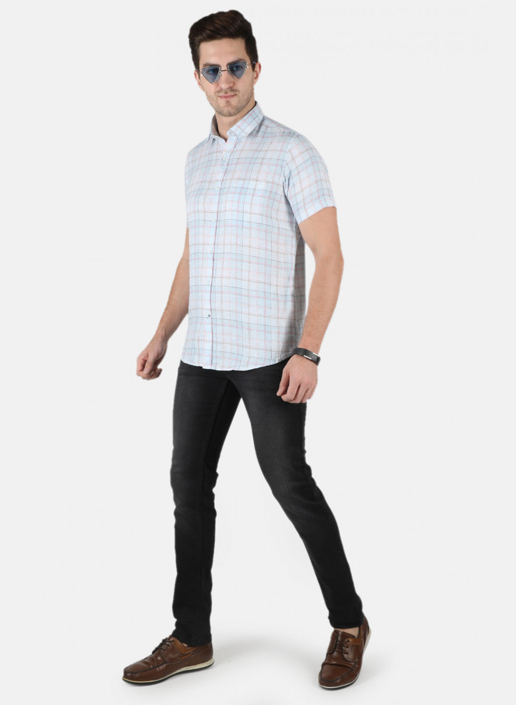 Men Blue Check Linen Shirt