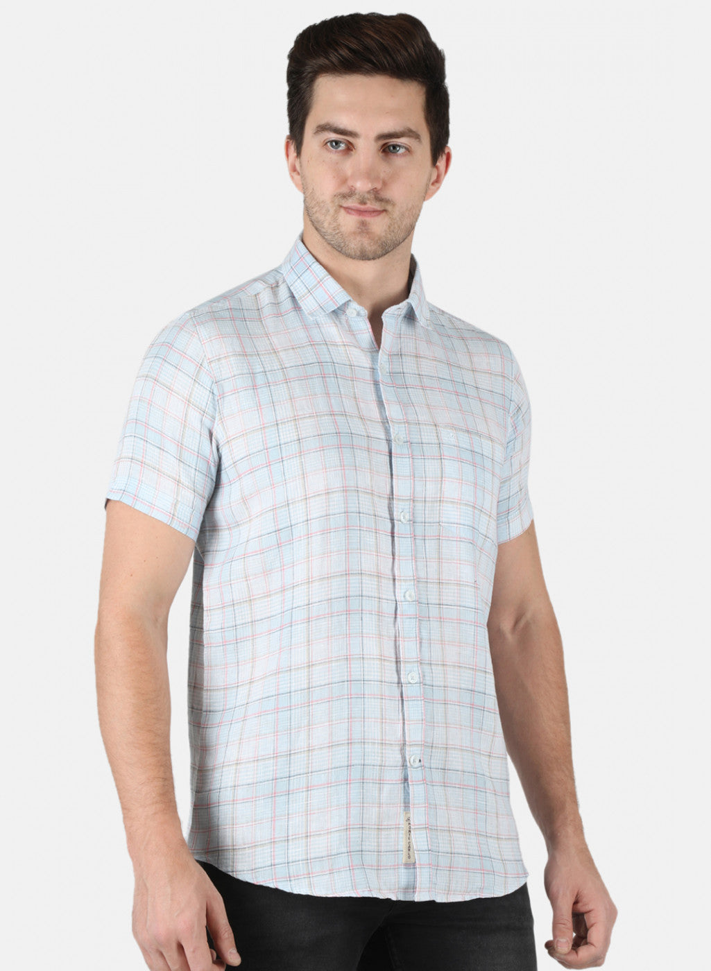 Men Blue Check Linen Shirt