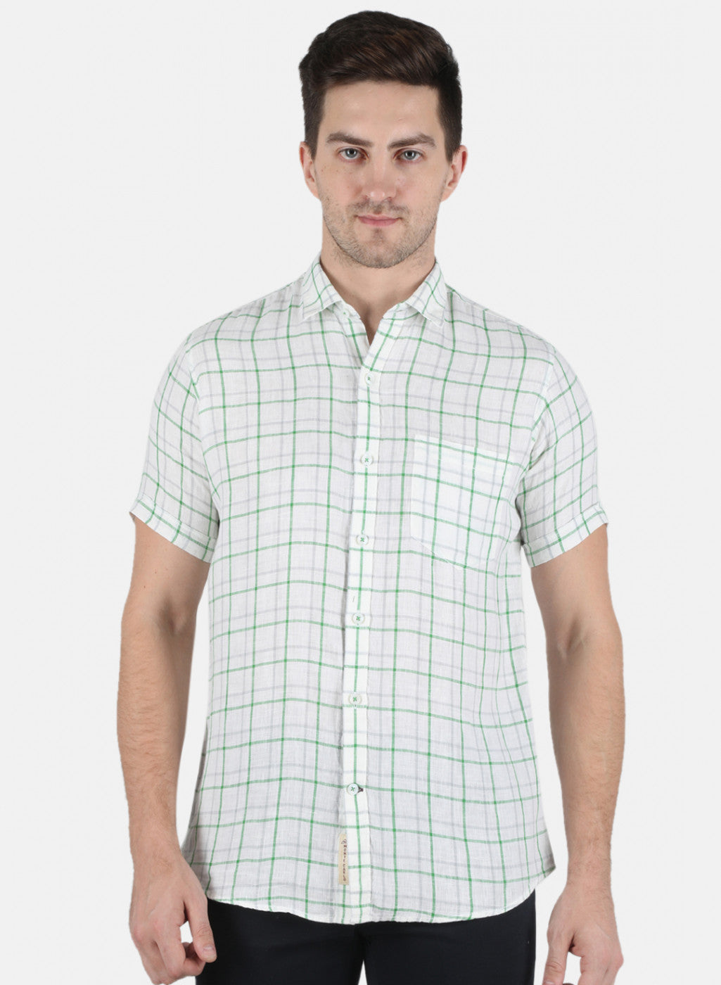 Men Green Check Linen Shirt