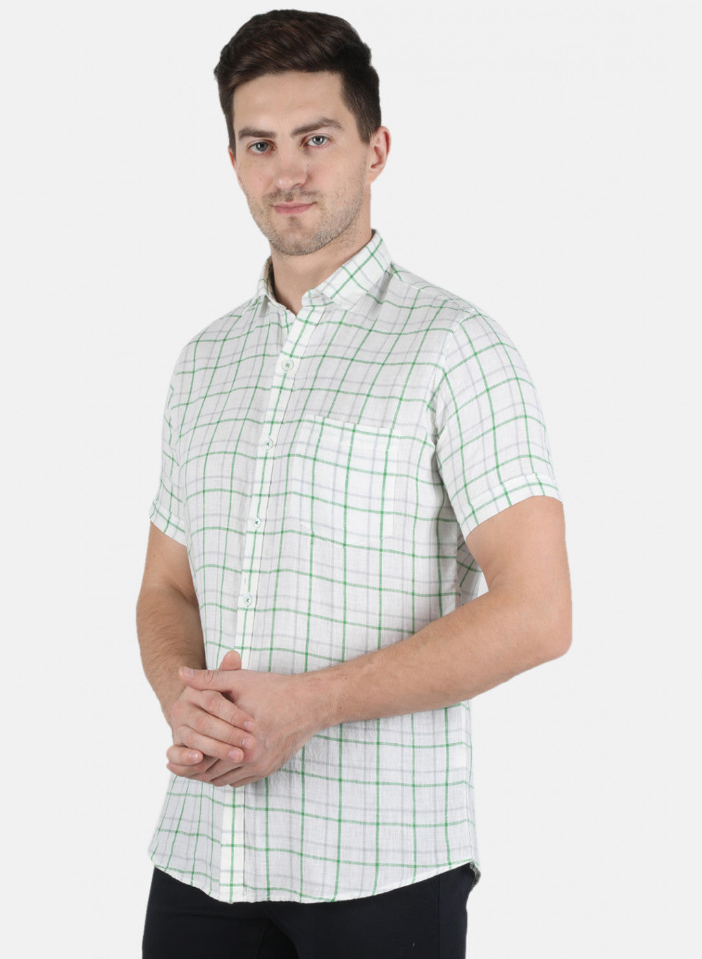 Men Green Check Linen Shirt
