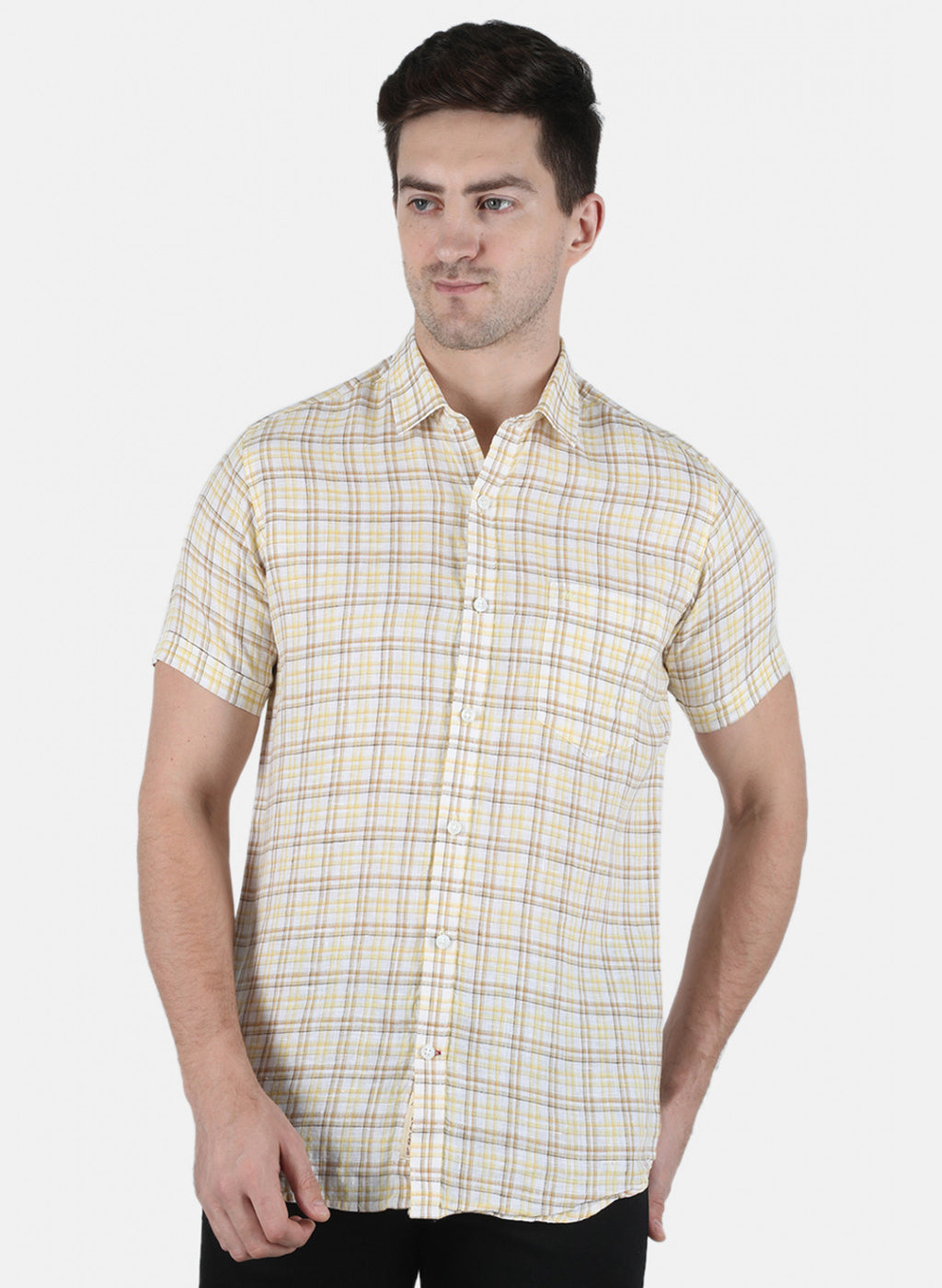 Men Yellow Check Linen Shirt