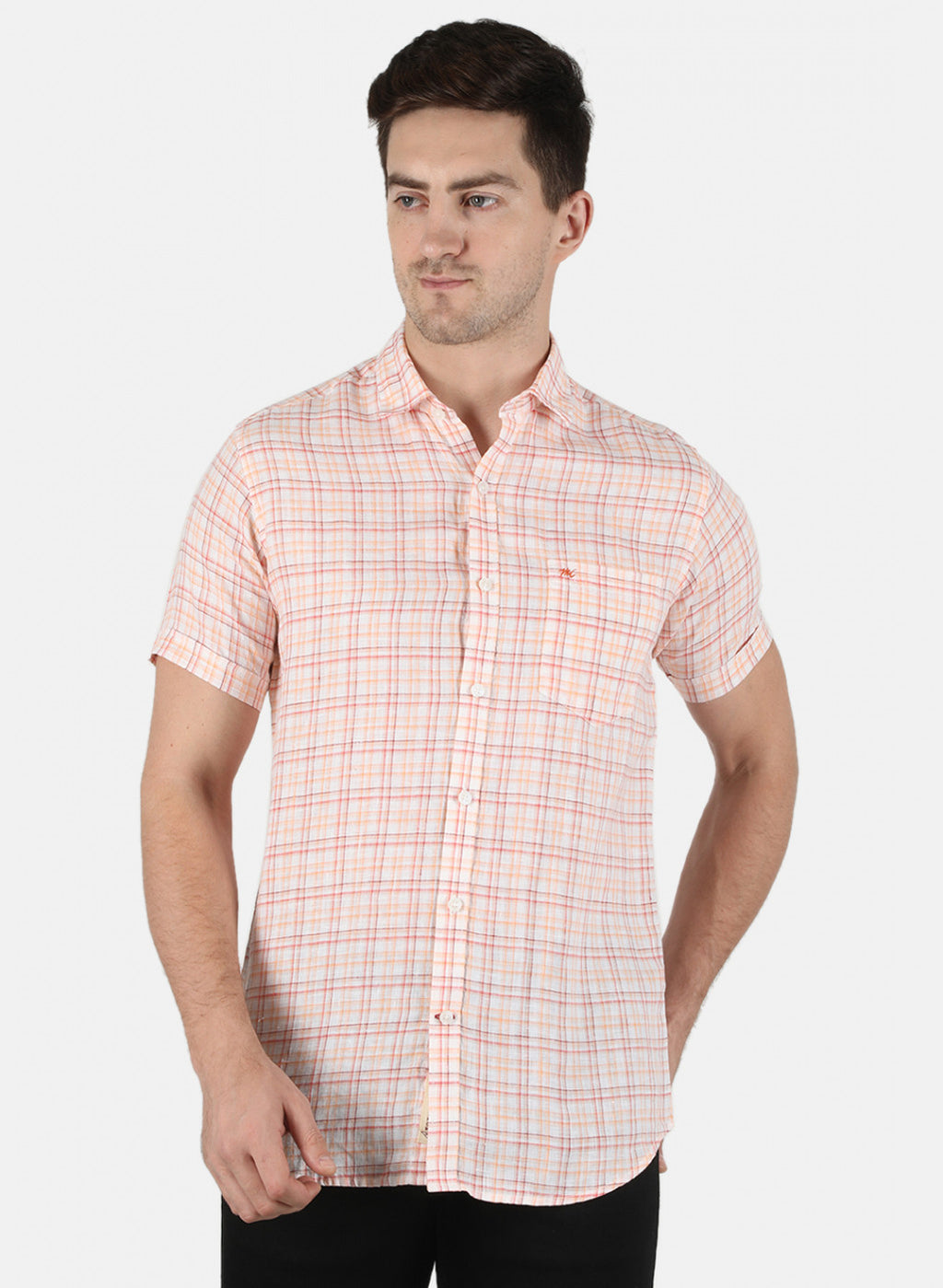 Men Orange Check Linen Shirt
