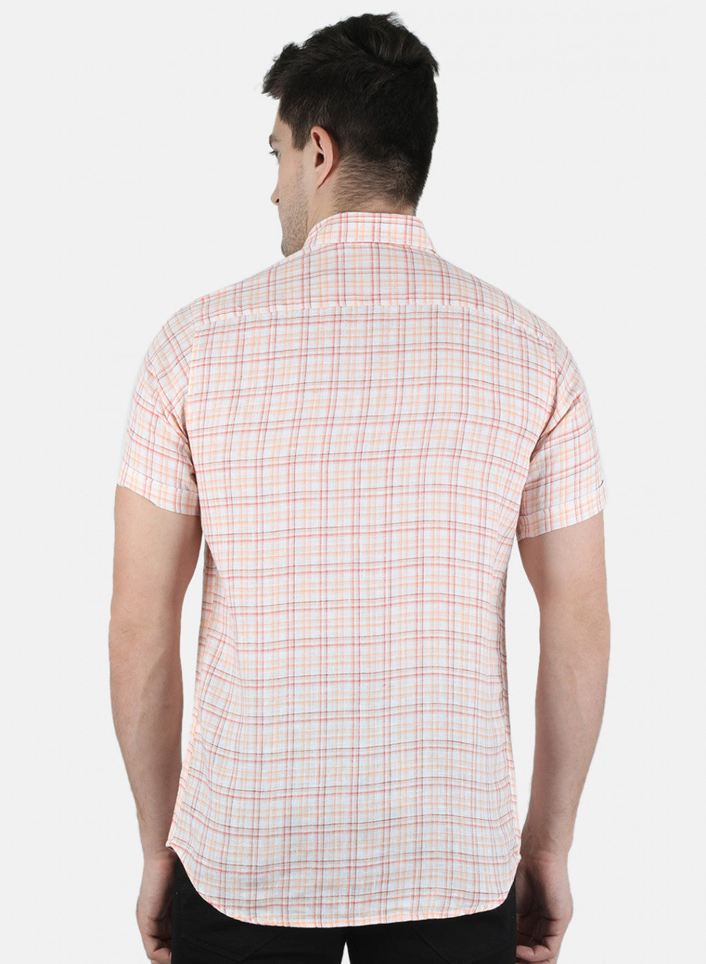 Men Orange Check Linen Shirt
