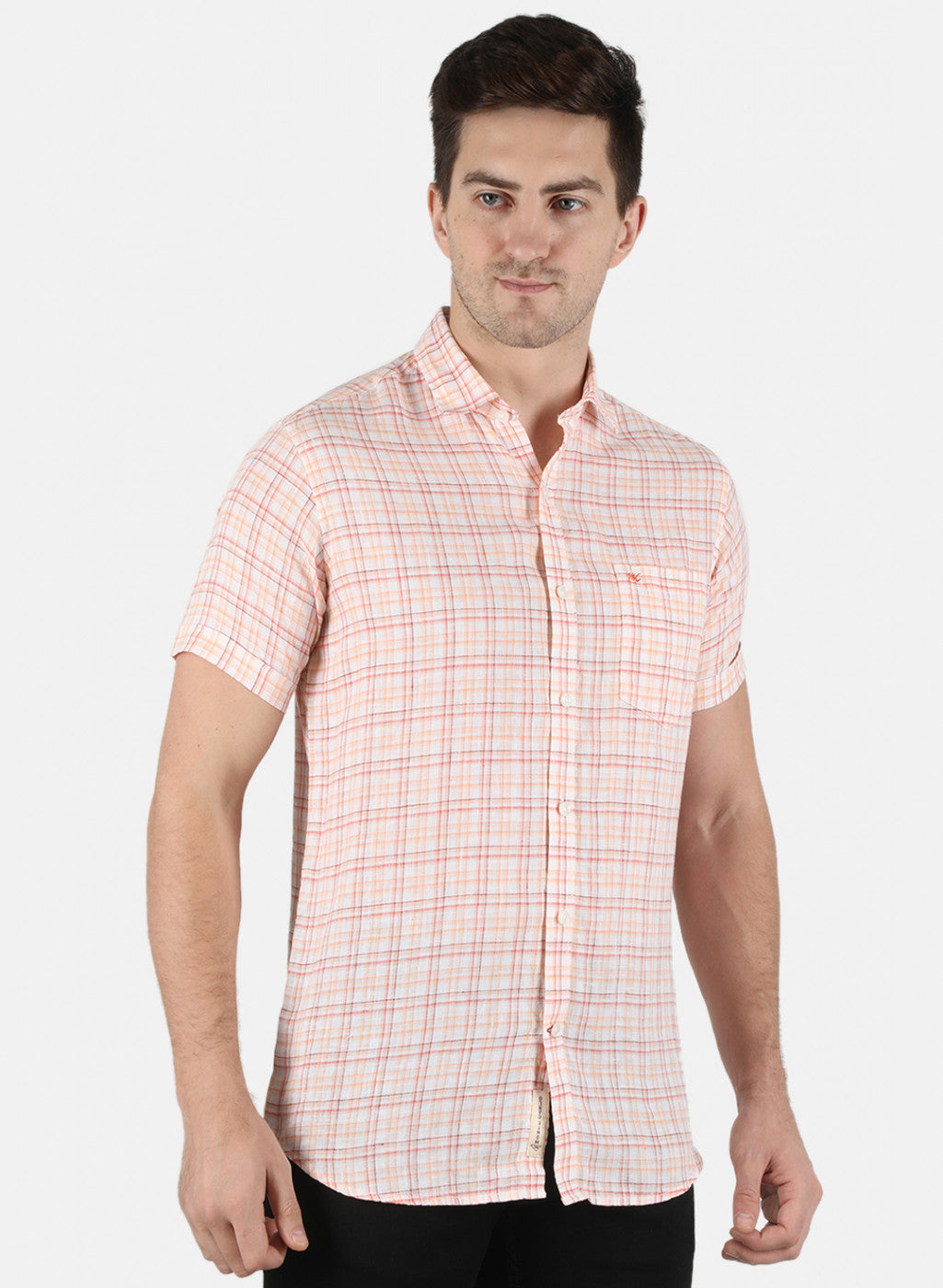 Men Orange Check Linen Shirt