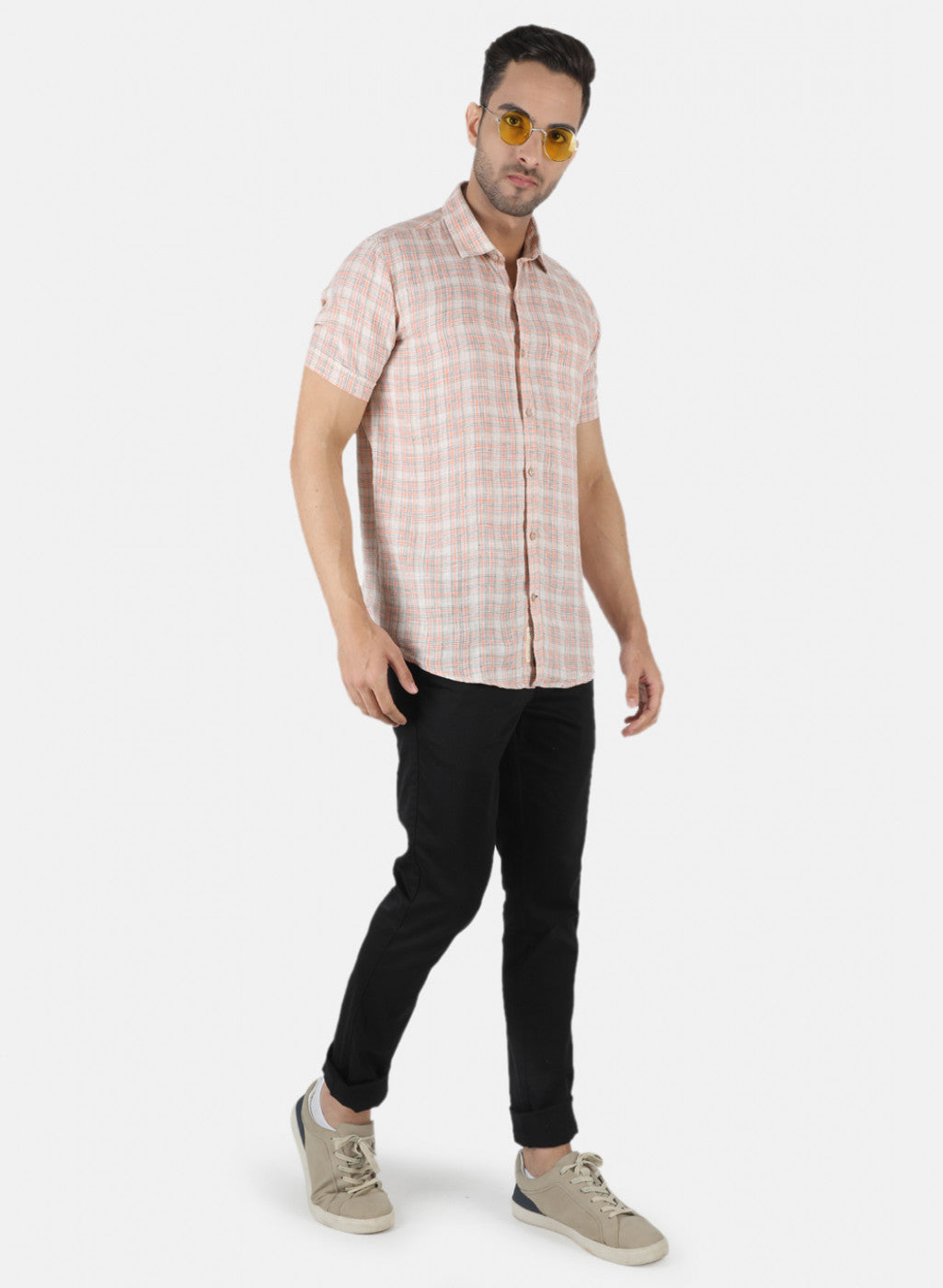 Men Beige Check Linen Shirt