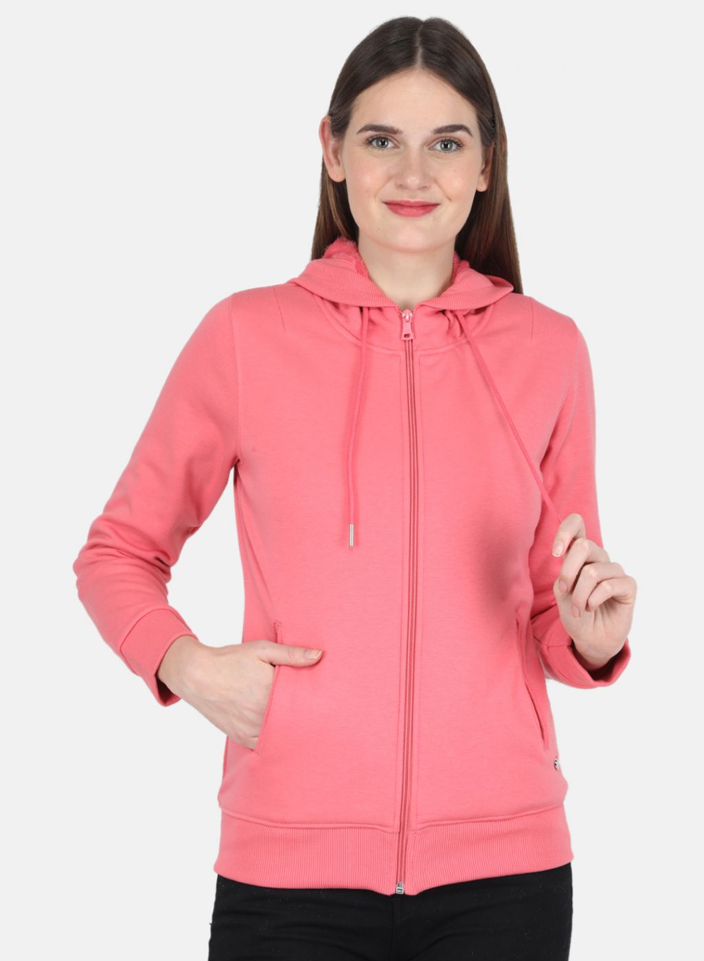 Women Coral Pink Solid Sweatshirt