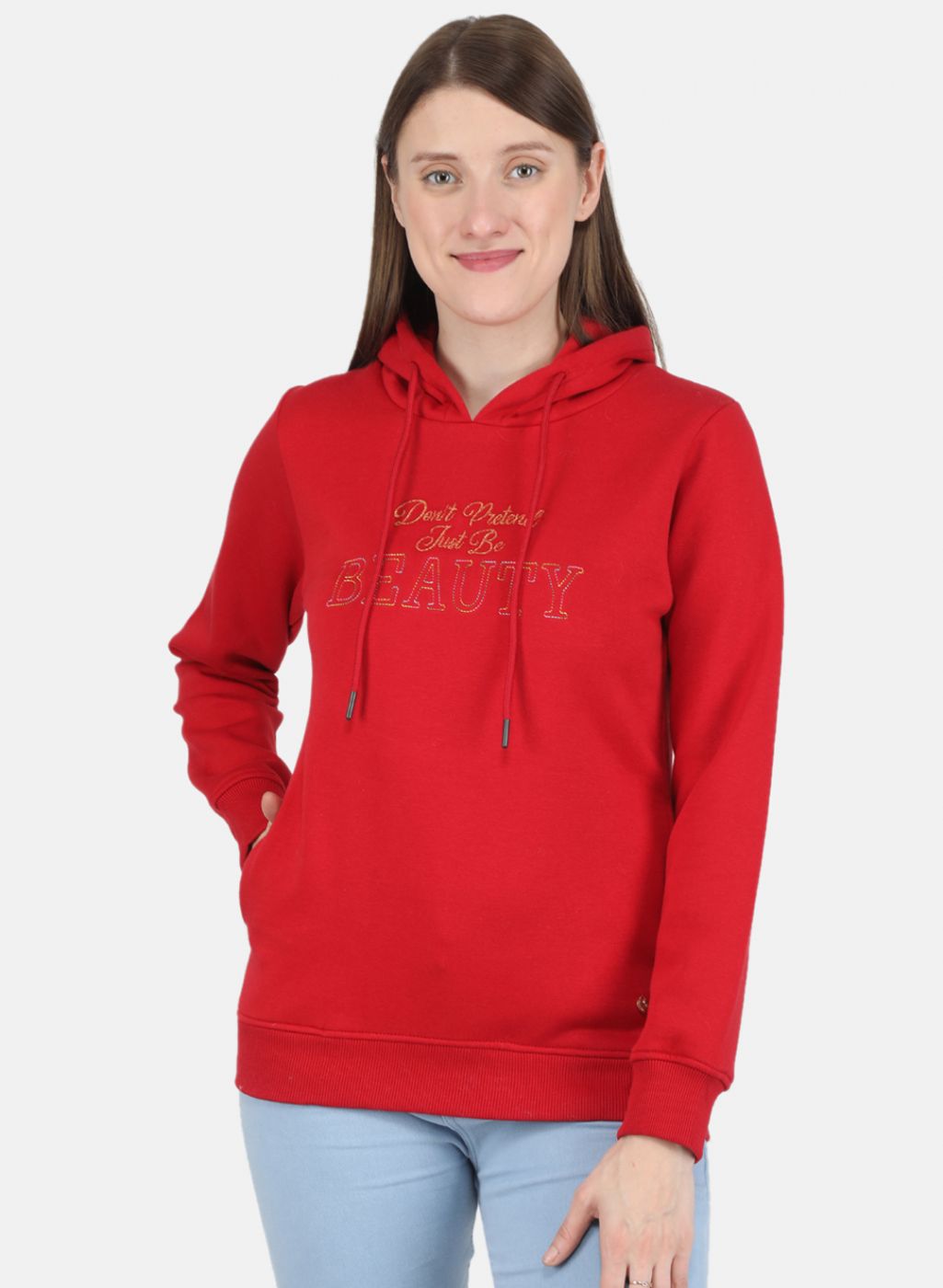 Women Red Embroidered Sweatshirt