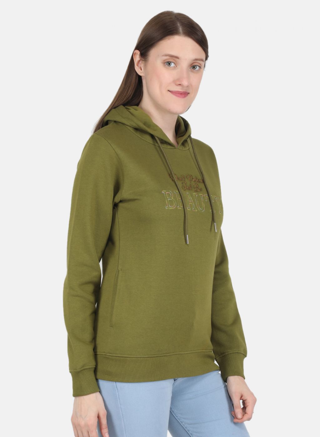Women Olive Embroidered Sweatshirt
