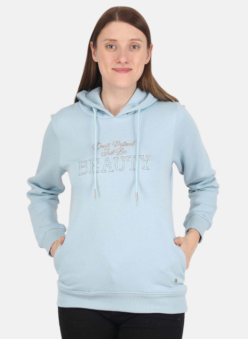 Women Sky Blue Embroidered Sweatshirt