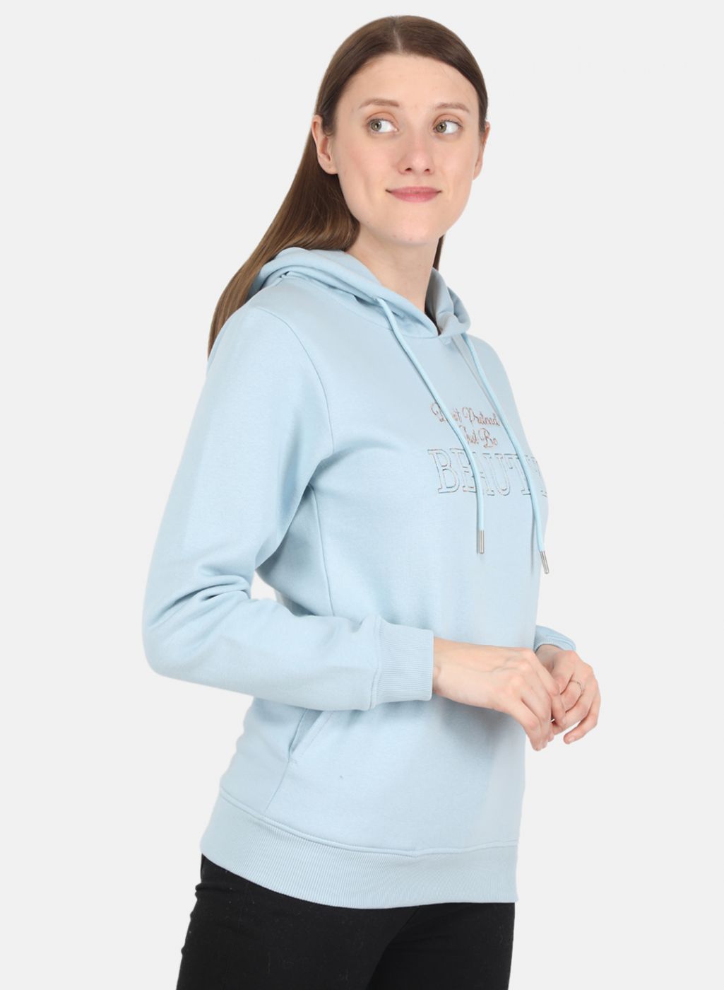 Women Sky Blue Embroidered Sweatshirt