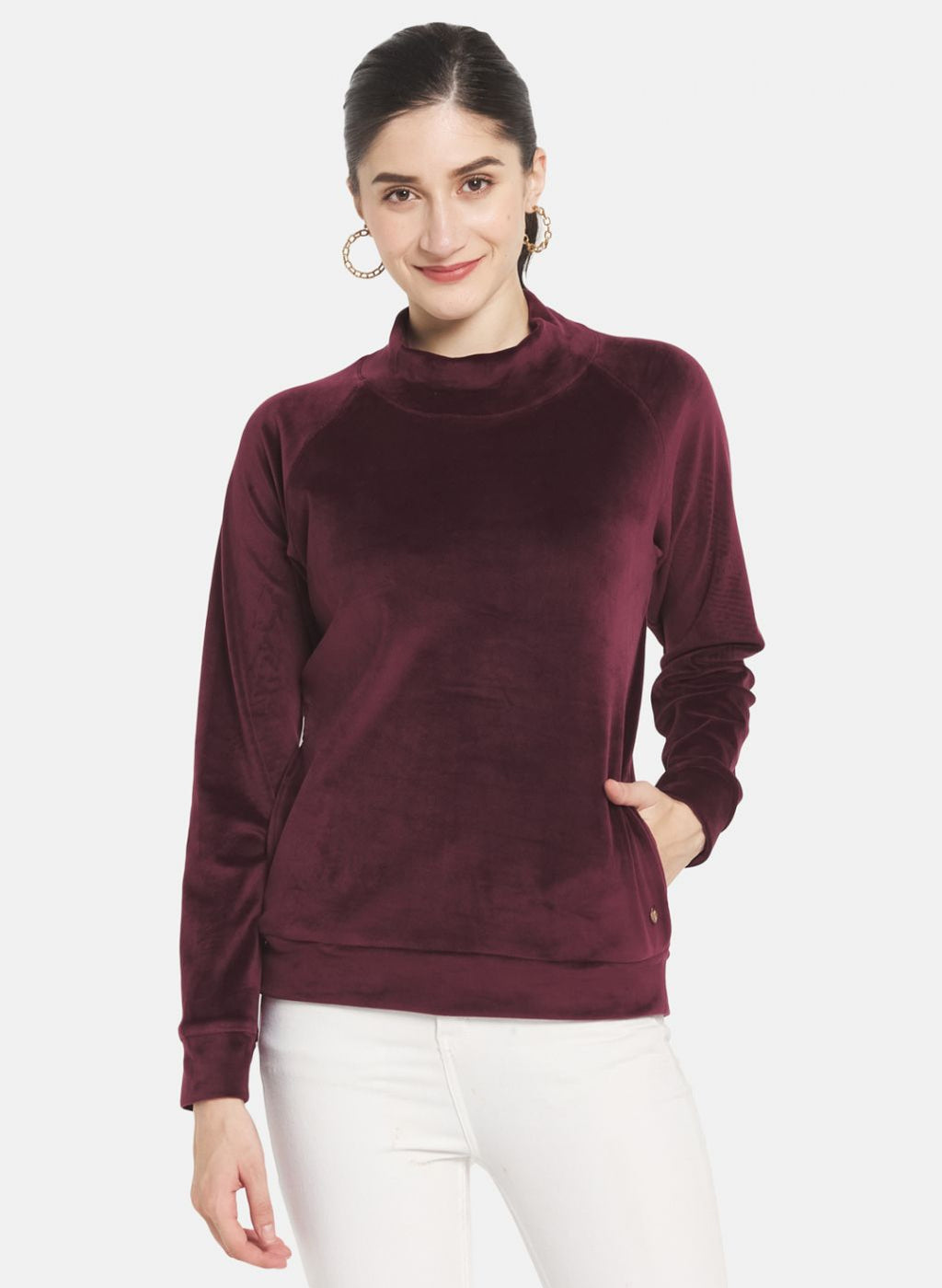 Women Maroon Solid Sweatshirt