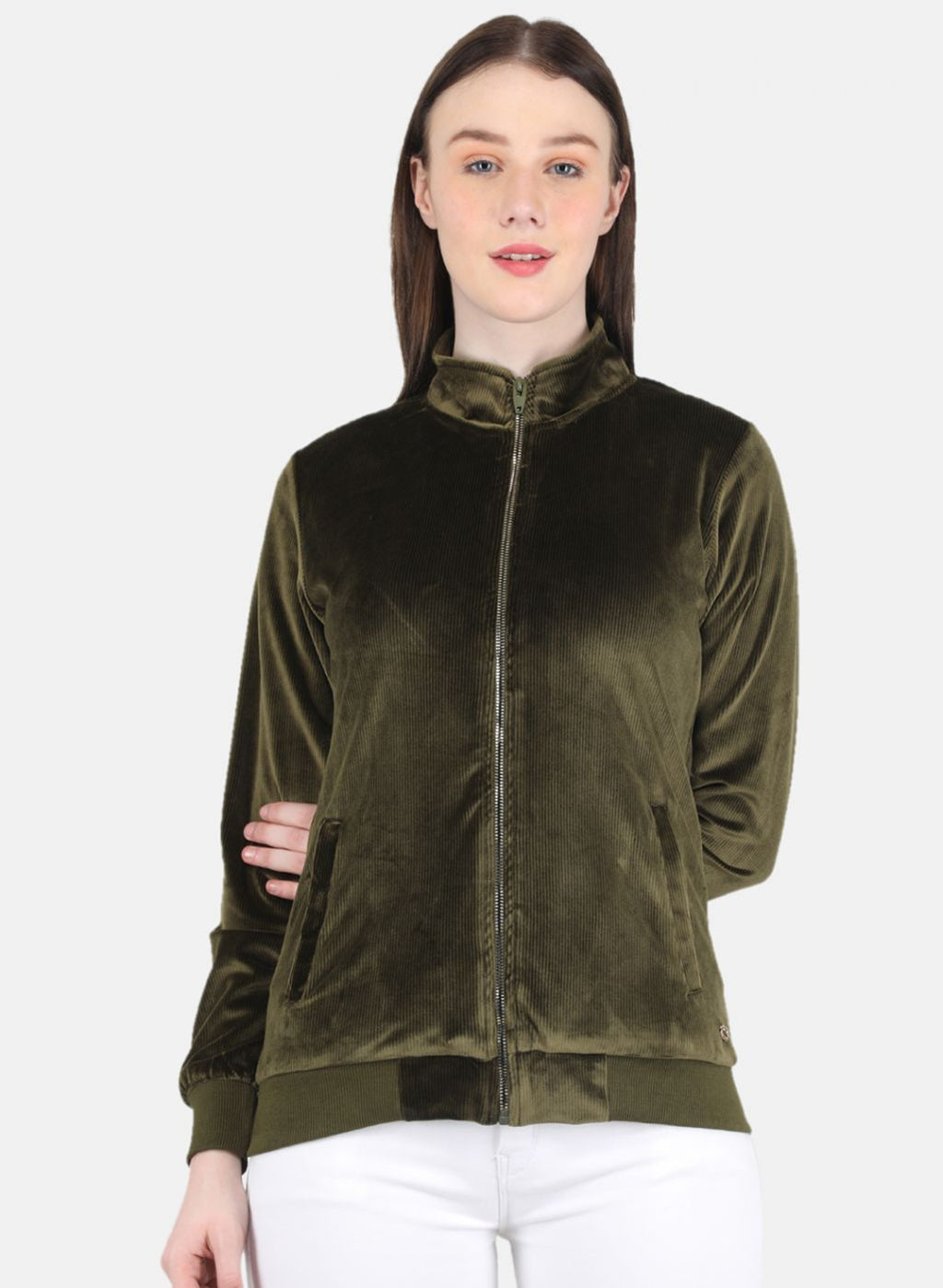 Women Olive Self Design Sweatshirt