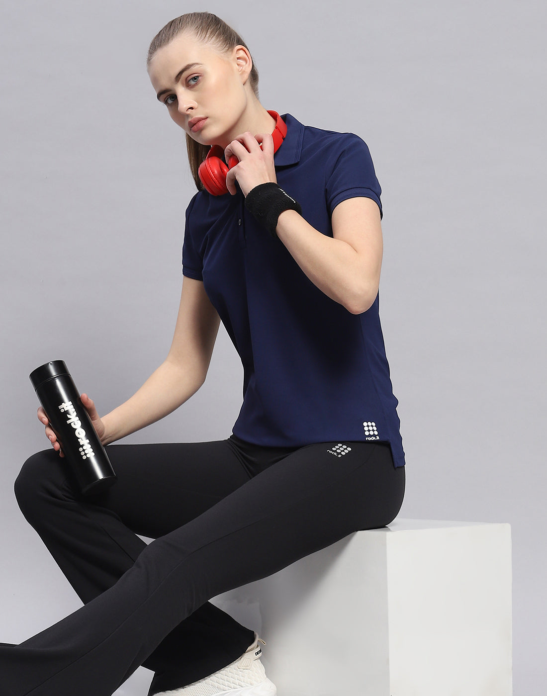 Rock.it Women Navy Blue Solid Polo Collar Half Sleeve T-Shirt