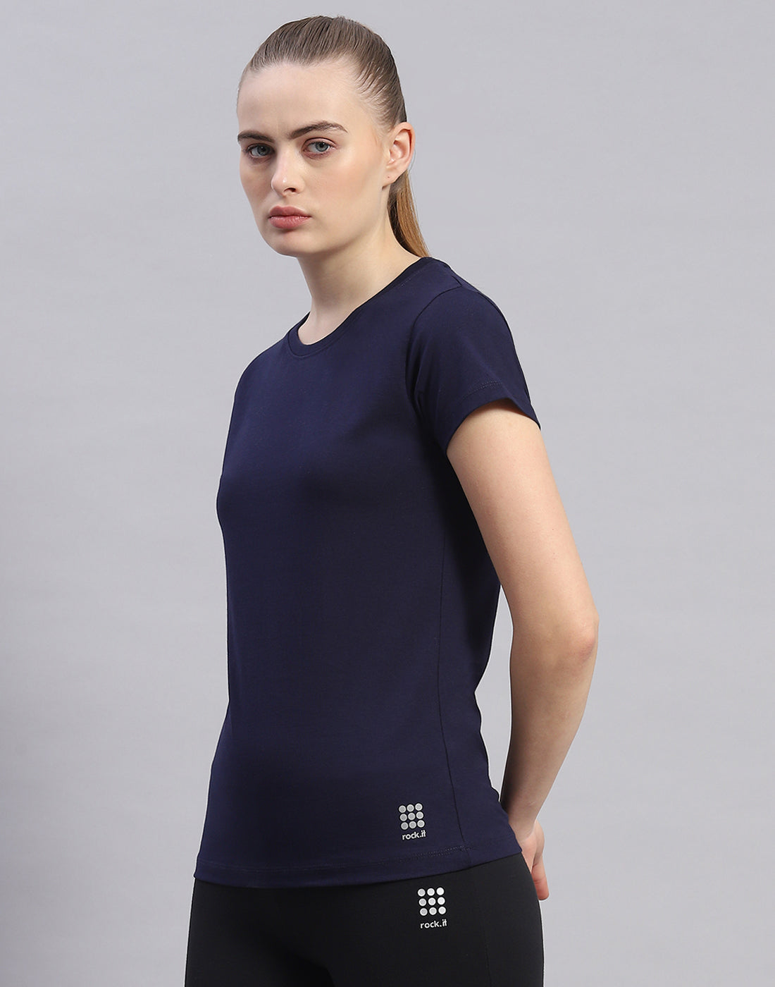 Rock.it Women Navy Blue Solid Round Neck Half Sleeve Top