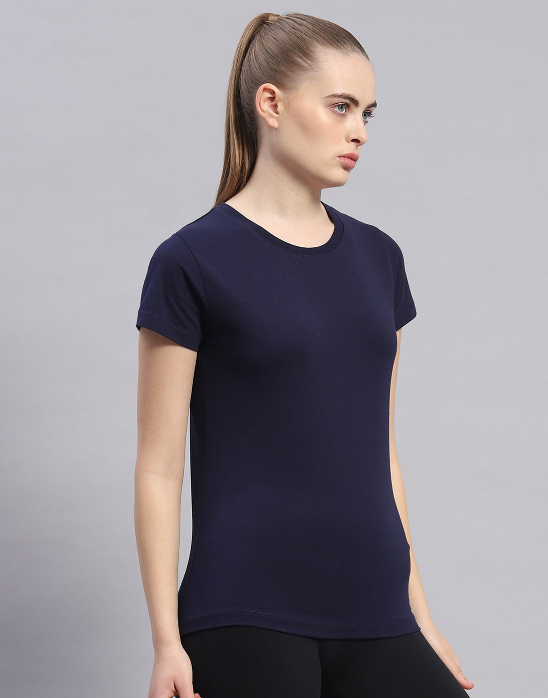 Rock.it Women Navy Blue Solid Round Neck Half Sleeve Top