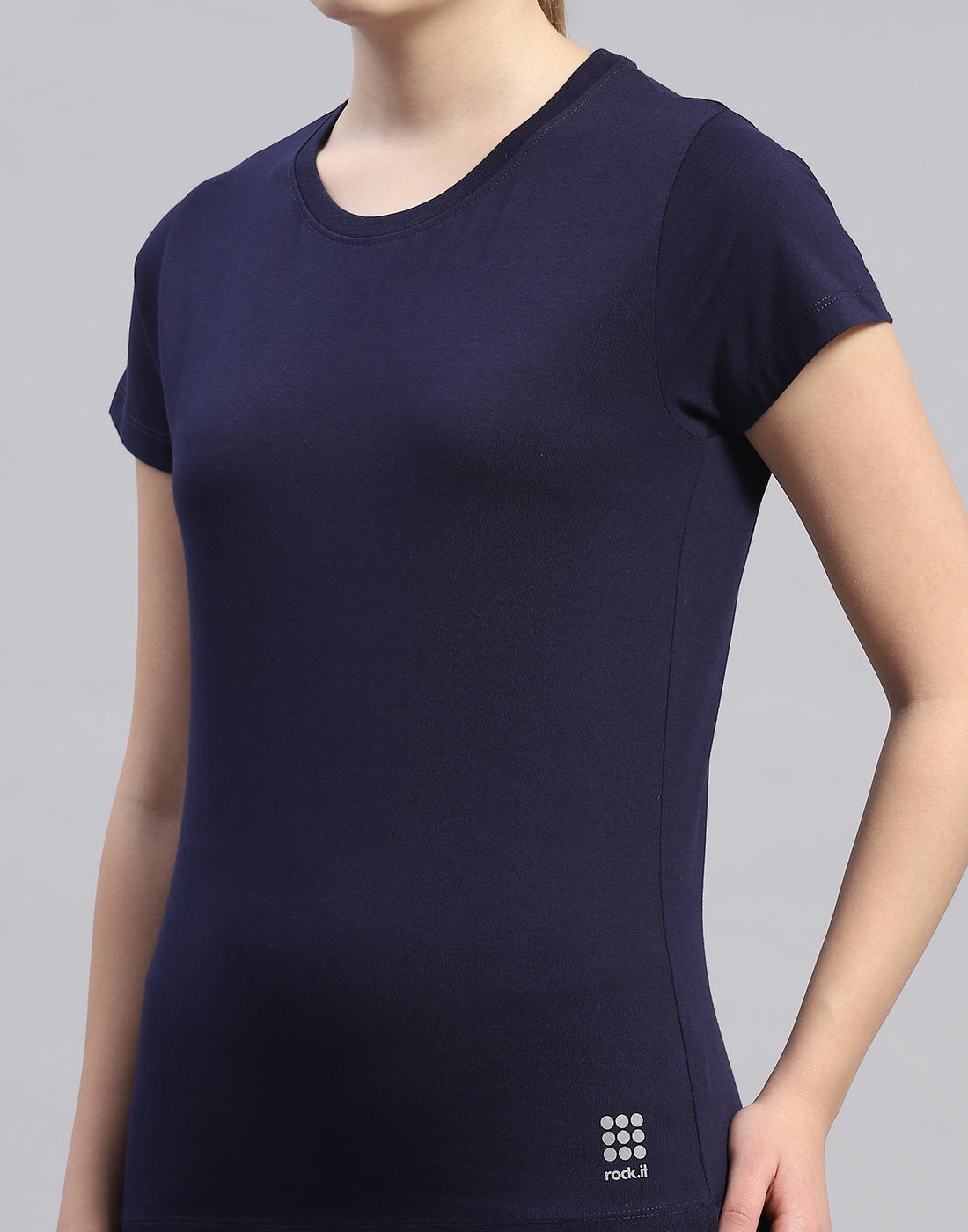 Rock.it Women Navy Blue Solid Round Neck Half Sleeve Top