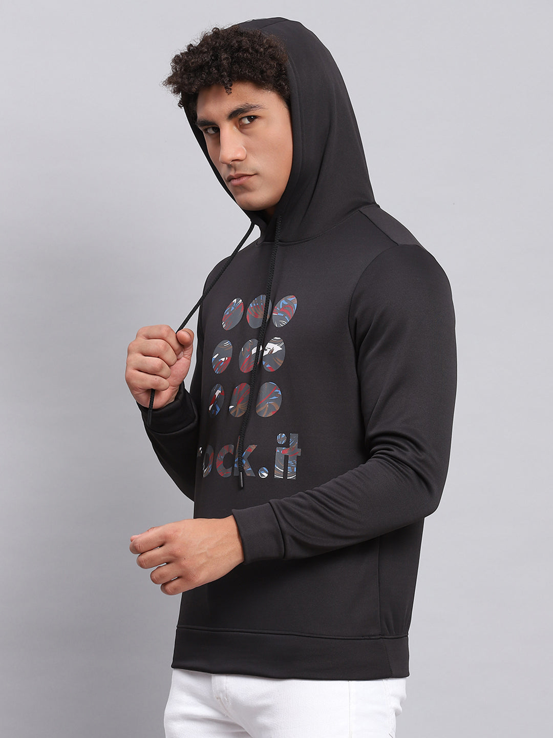 Rock.it Men Black Printed Hooded Full Sleeve Sweatshirt