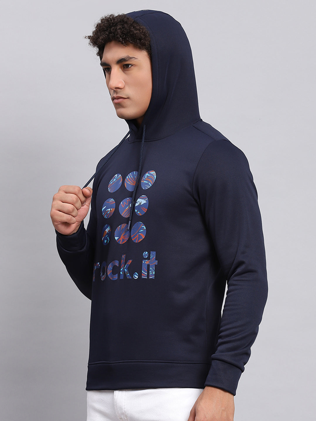 Men Navy Blue Printed Hooded Full Sleeve Sweatshirt