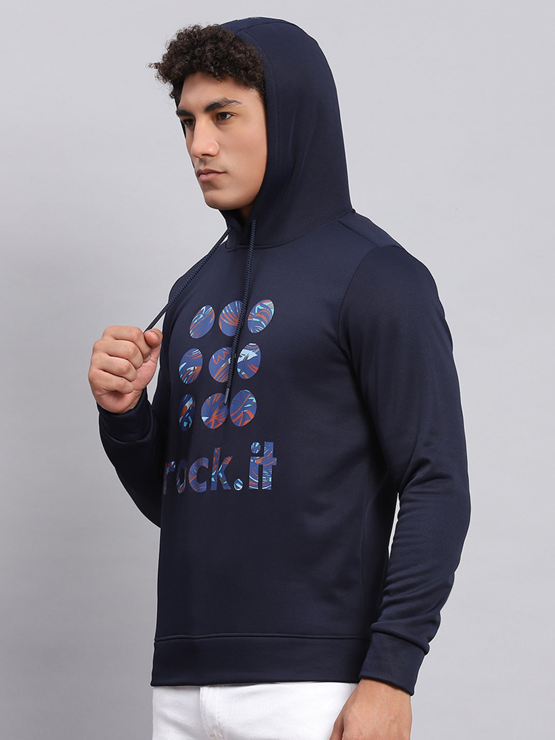 Rock.it Men Navy Blue Printed Hooded Full Sleeve Sweatshirt