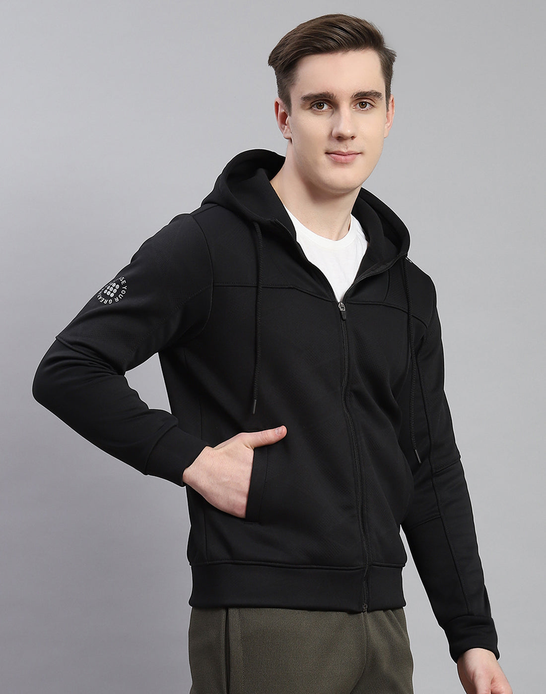 Rock.it Men Black Self Design Hooded Full Sleeve Sweatshirt