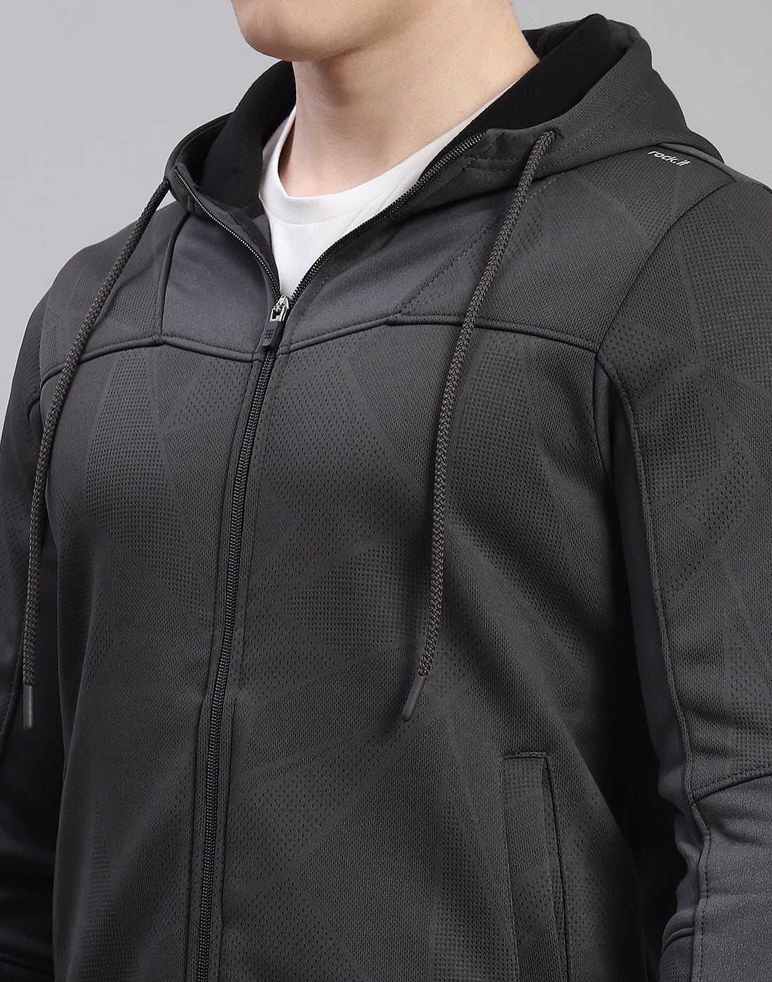 Rock.it Men Grey Self Design Hooded Full Sleeve Sweatshirt