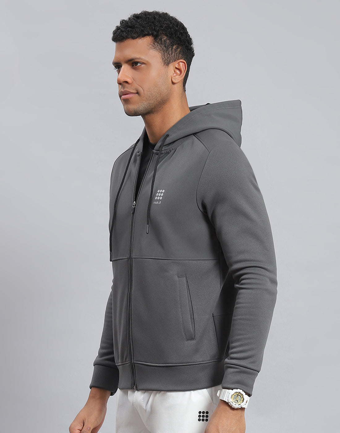 Rock.it Men Grey Solid Hooded Full Sleeve Sweatshirt