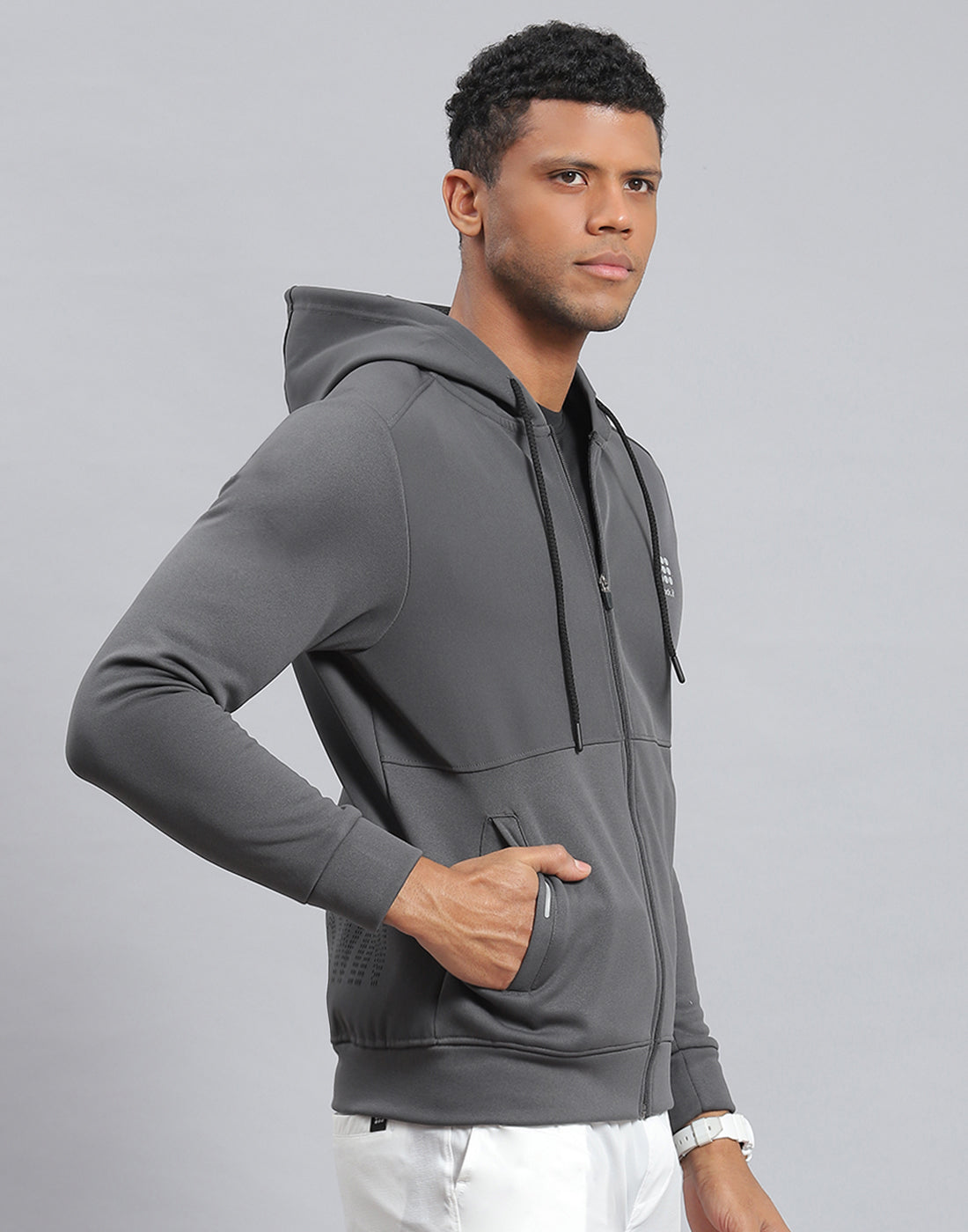 Rock.it Men Grey Solid Hooded Full Sleeve Sweatshirt