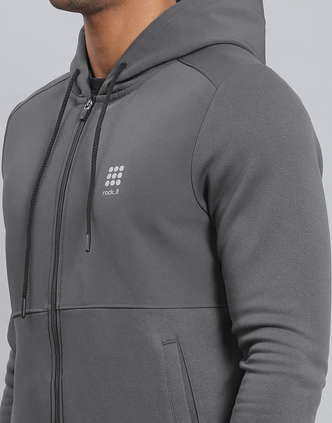 Rock.it Men Grey Solid Hooded Full Sleeve Sweatshirt