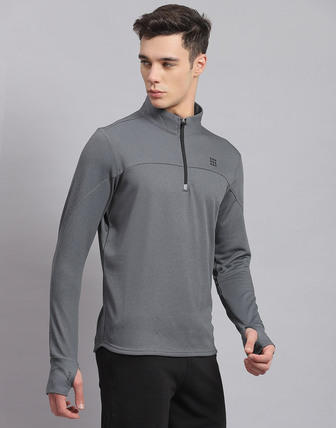 Rock.it Men Grey Solid Stand Collar Full Sleeve Sweatshirt