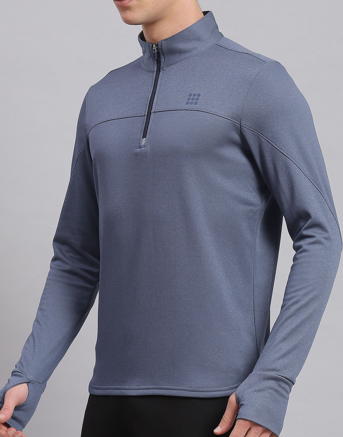 Men Blue Solid Stand Collar Full Sleeve Sweatshirt