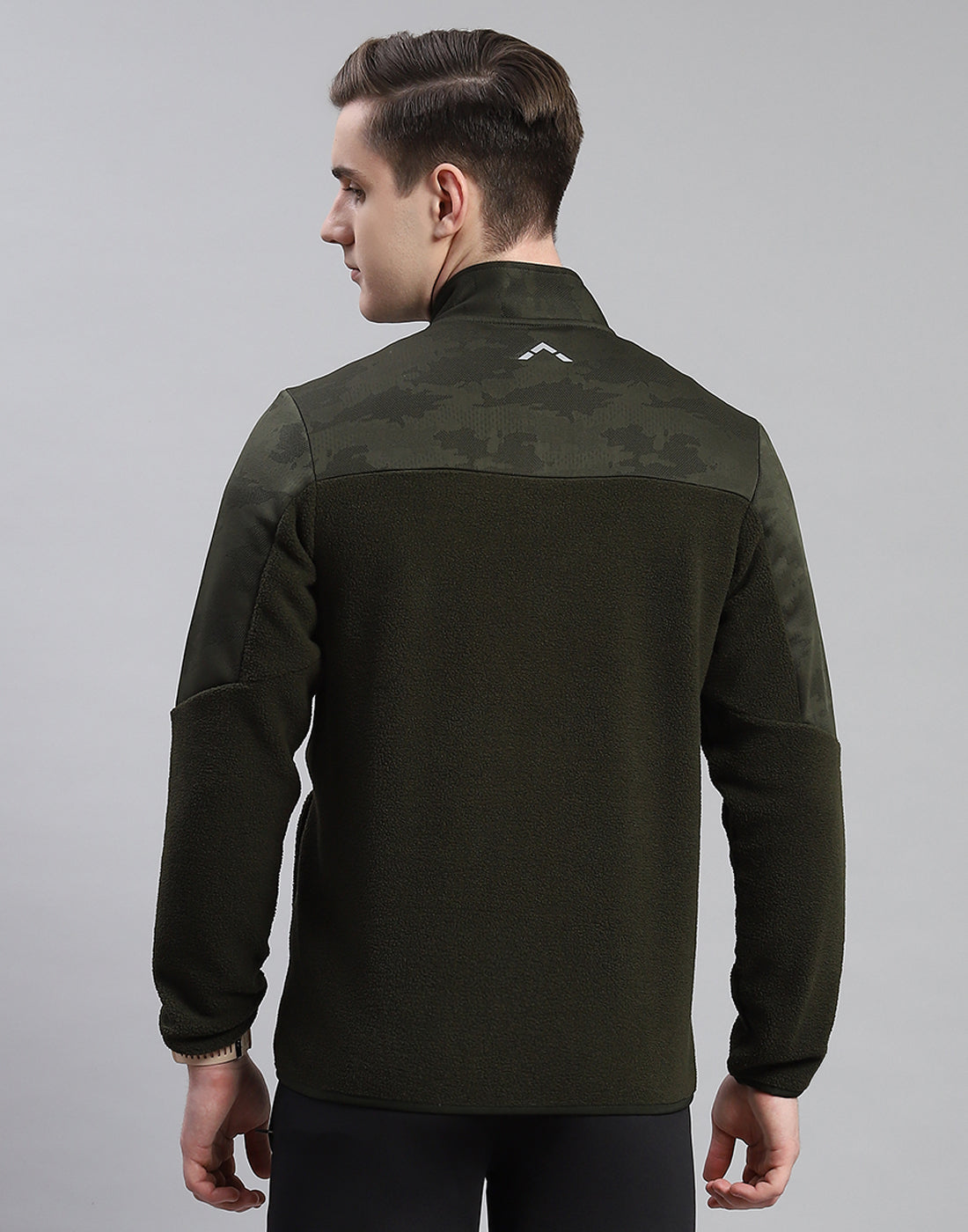 Men Olive Self Design Stand Collar Full Sleeve Sweatshirt